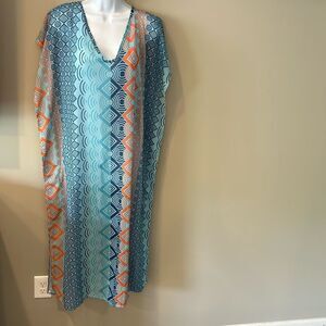 Akery Women's Blue and Orange V-Neck Kaftan Style Bikini Cover Up Dress OSFM